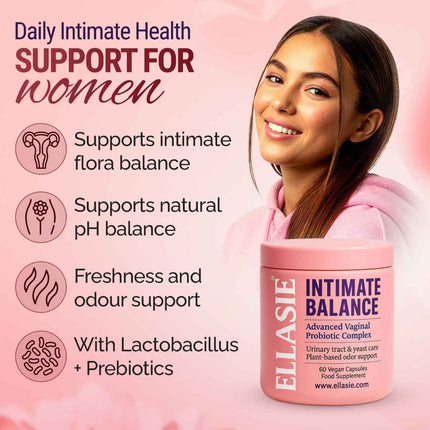 Product advertisement for Ellasie Intimate Balance with a woman and product on a pink background