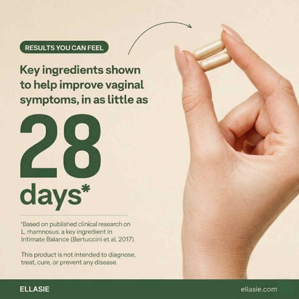 Two Ellasie Intimate Balance vegan capsules held in a hand