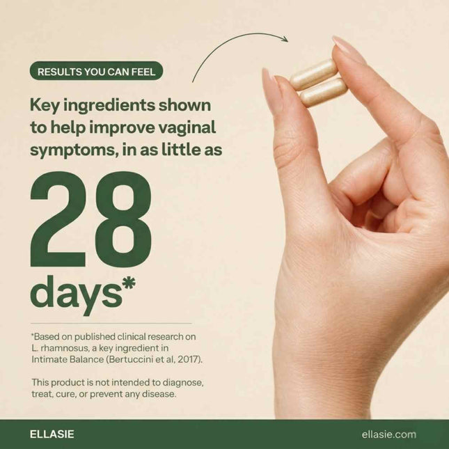 Two Ellasie Intimate Balance vegan capsules held in a hand