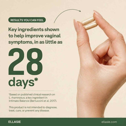 Two Ellasie Intimate Balance vegan capsules held in a hand