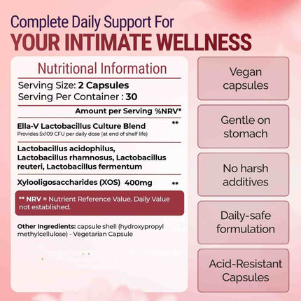 Product label for a supplement with nutritional information and benefits on a pink background