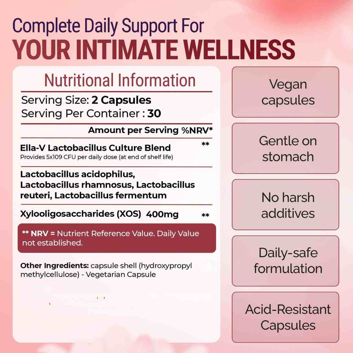 Product label for a supplement with nutritional information and benefits on a pink background