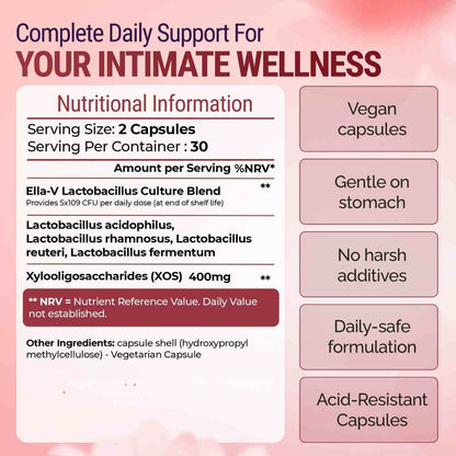 Product label for a supplement with nutritional information and benefits on a pink background