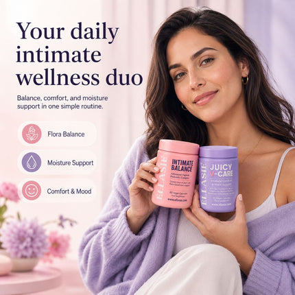 Woman holding two products with text about daily intimate wellness routine.