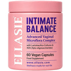 A pink cylindrical plastic jar of ELLASIE Intimate Balance food supplement with a matching pink lid, featuring purple and white text on a white background.