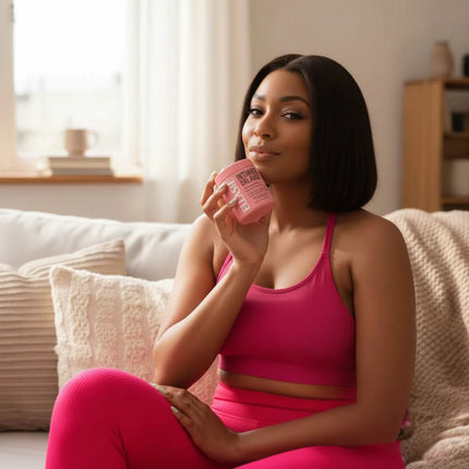 Woman holding Ellasie Intimate Balance women's probiotic capsules while seated at home.