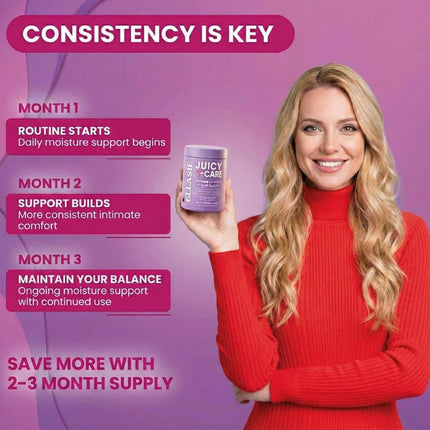 Woman holding Ellasie Juicy V-Care daily-routine capsules