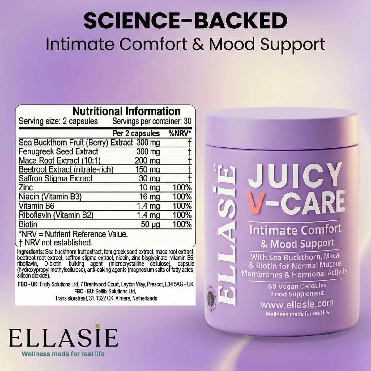Ellasie Juicy V-Care supplement facts panel