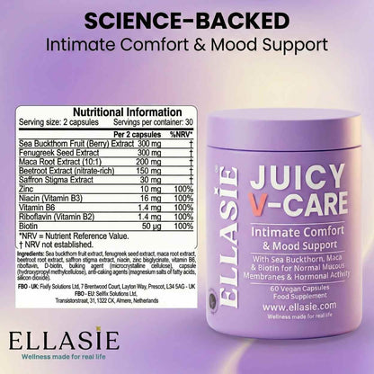 EllaSie Juicy V-Care supplement container with nutritional information on a purple background