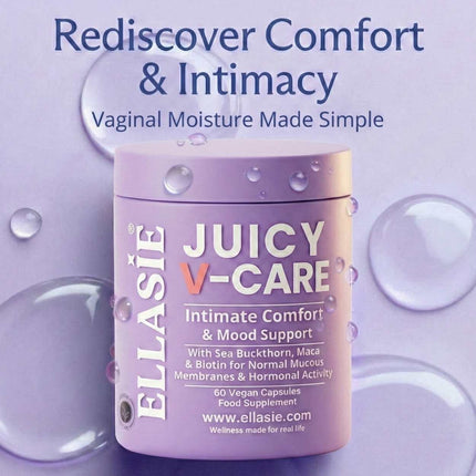Juicy V-Care capsule bottle on a purple water-drop background