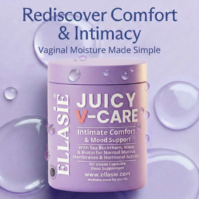 Juicy V-Care capsule bottle on a purple water-drop background