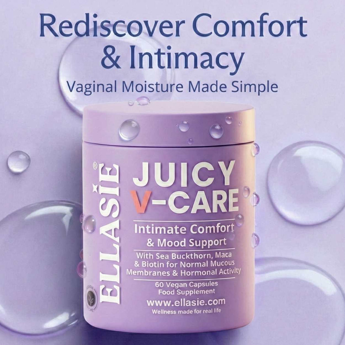 Juicy V-Care capsule bottle on a purple water-drop background