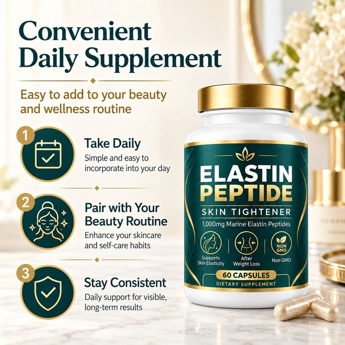 Marine Elastin Peptides for Skin – 1,000mg, 60 Capsules