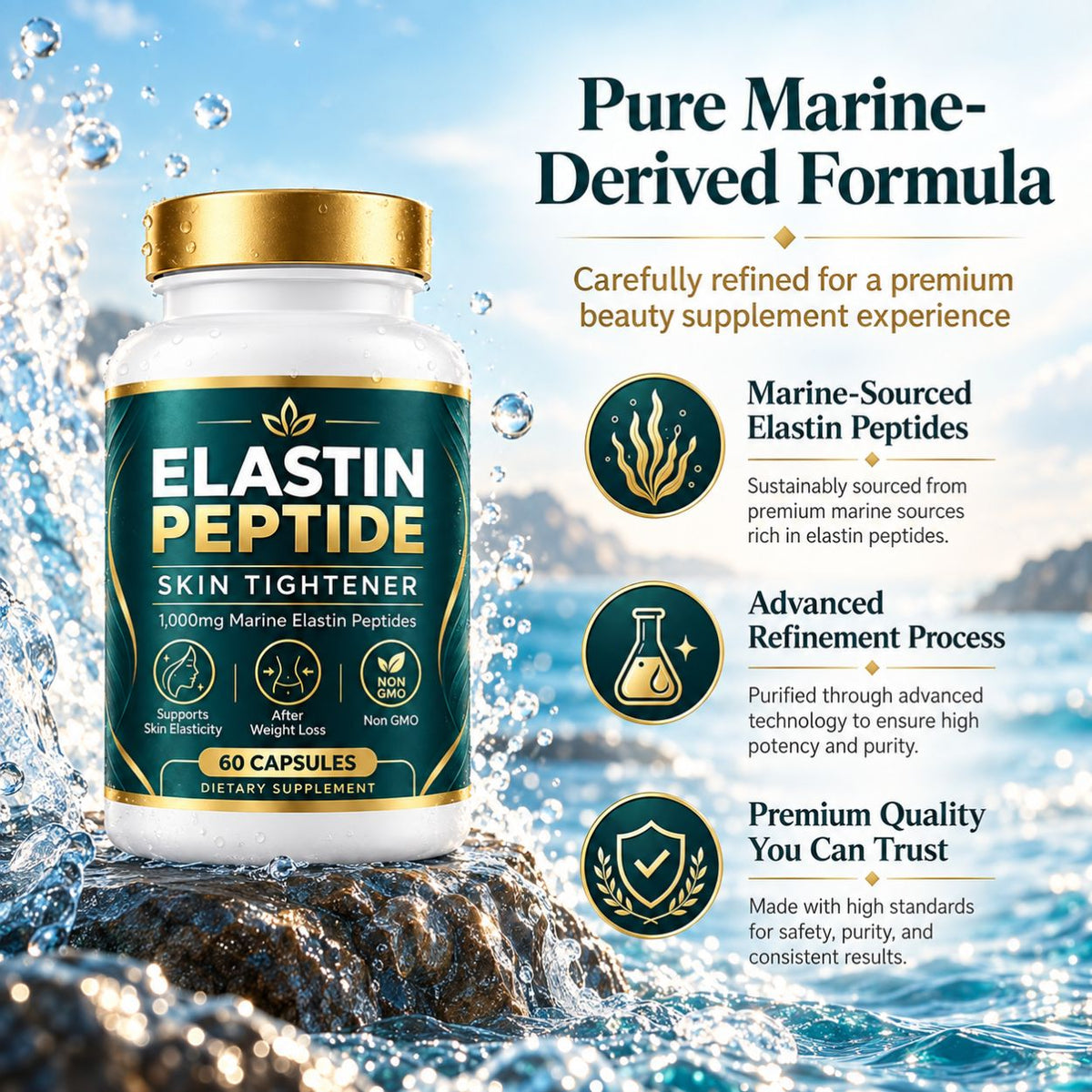 Marine Elastin Peptides for Skin – 1,000mg, 60 Capsules