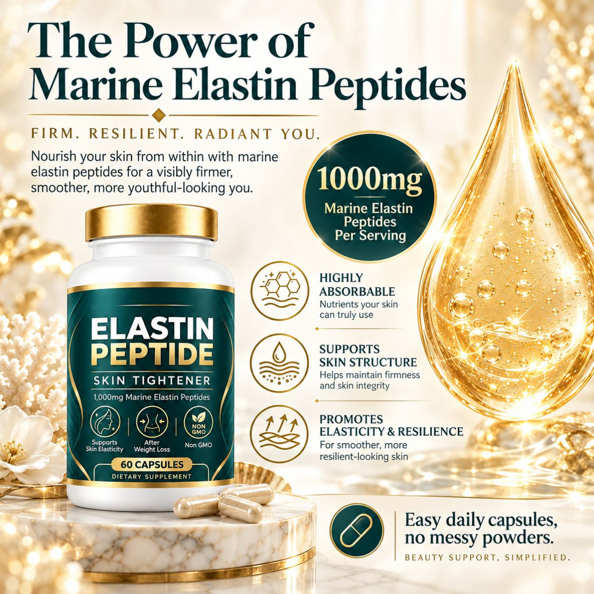 Marine Elastin Peptides for Skin – 1,000mg, 60 Capsules