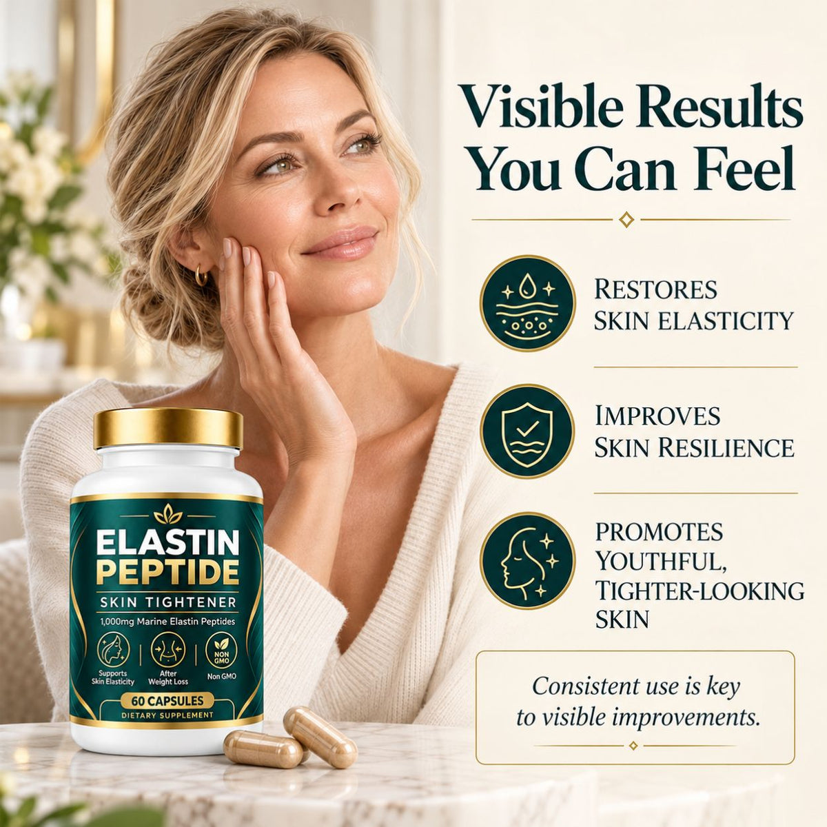 Marine Elastin Peptides for Skin – 1,000mg, 60 Capsules