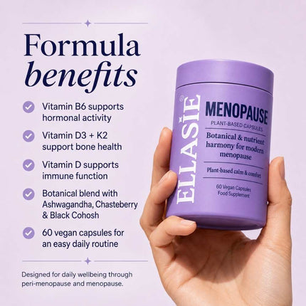 Purple supplement container labeled 'ELLASIE' held by a hand with text detailing benefits on a light purple background.