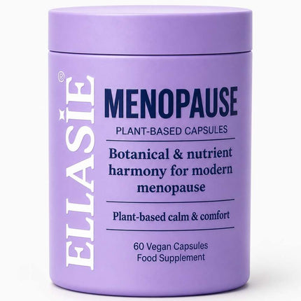 Purple container of ELLASIE Menopause capsules on a white background