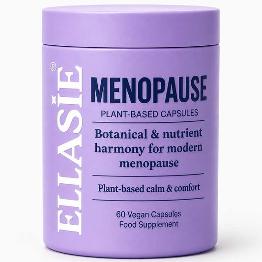 Purple container of ELLASIE Menopause capsules on a white background