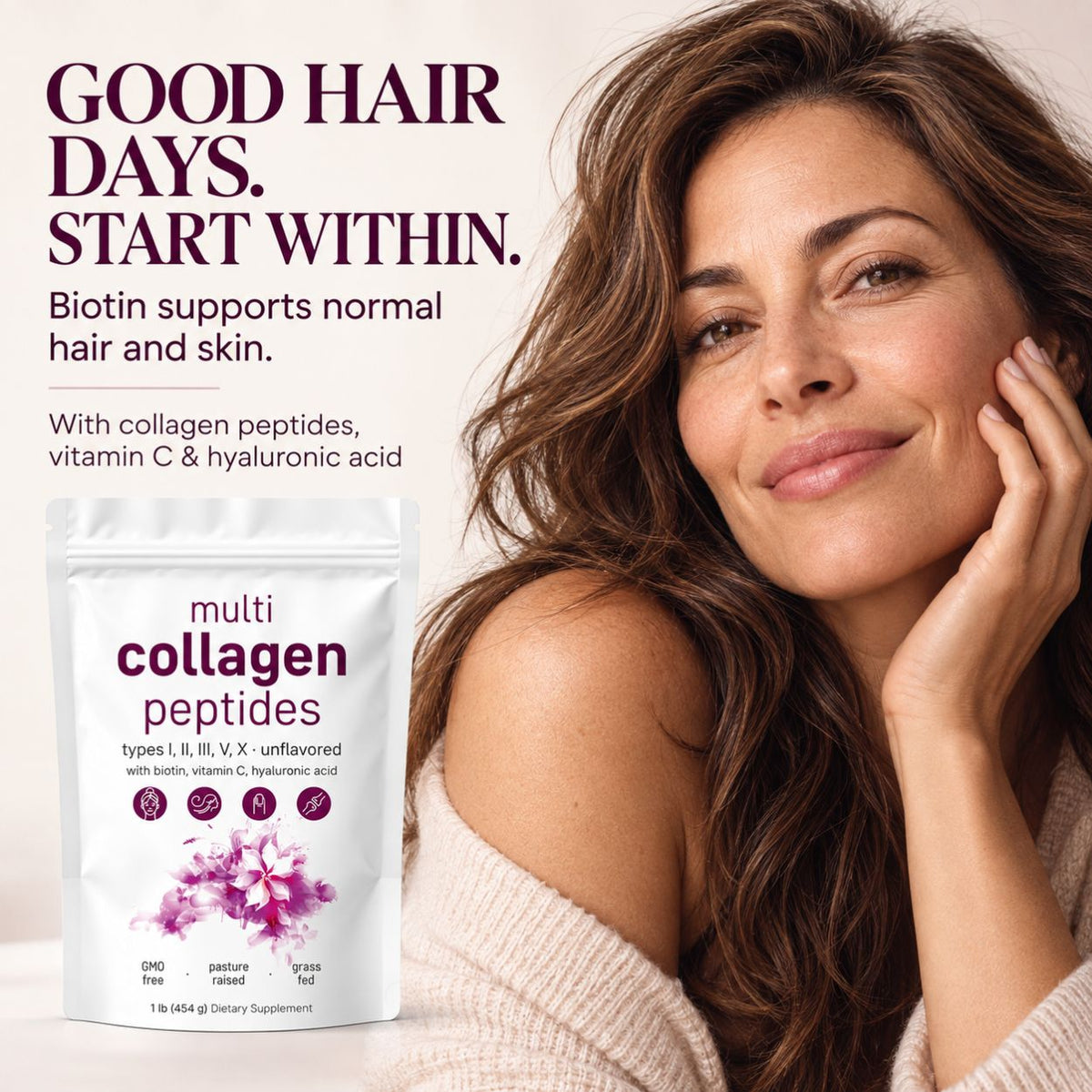 Multi Collagen Peptides Powder for Women – Types I, II, III, V & X – 454g