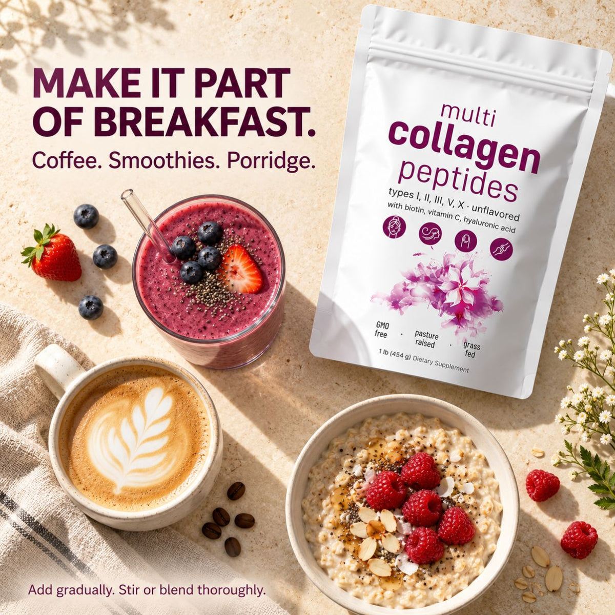 Multi Collagen Peptides Powder for Women – Types I, II, III, V & X – 454g