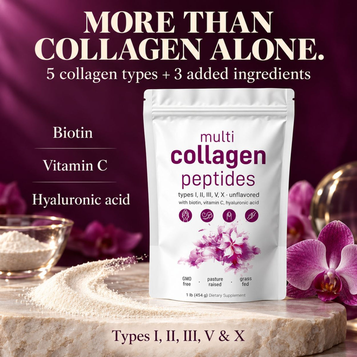 Multi Collagen Peptides Powder for Women – Types I, II, III, V & X – 454g