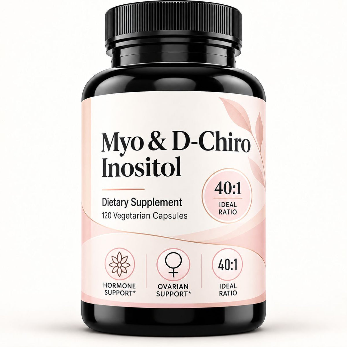A black plastic bottle of Myo & D-Chiro Inositol dietary supplement with a black ribbed cap and a white and light pink label, shown on a clean white background.