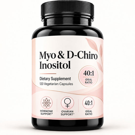 A black plastic bottle of Myo & D-Chiro Inositol dietary supplement with a black ribbed cap and a white and light pink label, shown on a clean white background.