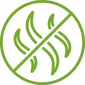 Green circular icon with a diagonal slash over leaf-like shapes, indicating a no-fragrance or natural/organic style mark.