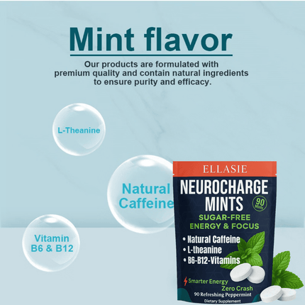 Neuro Mints: Energy Supplement with Natural Caffeine + L-Theanine & B Vitamins for daily energy. Energy Mints by Ellasie.