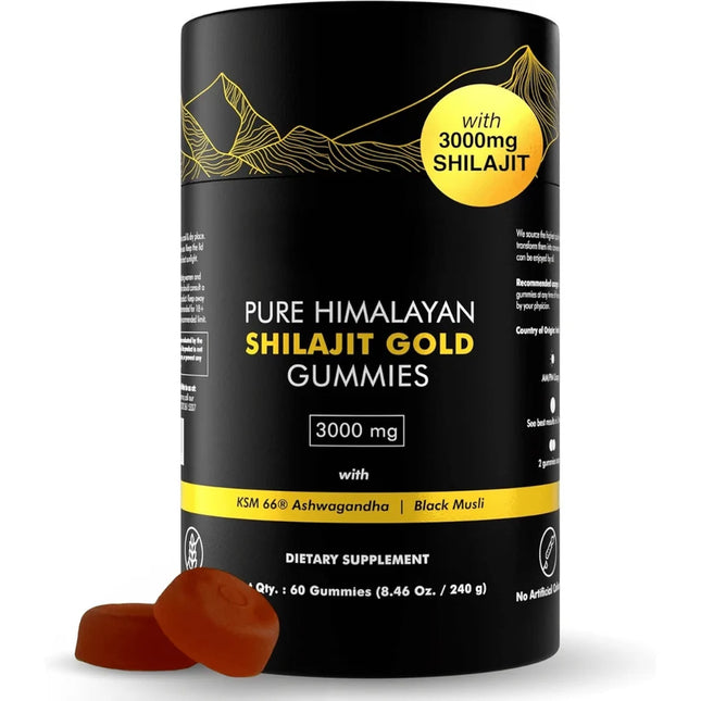 A black cylindrical bottle of Pure Himalayan Shilajit Gold Gummies with a yellow circular badge and two brown gummies placed in front on a white background.