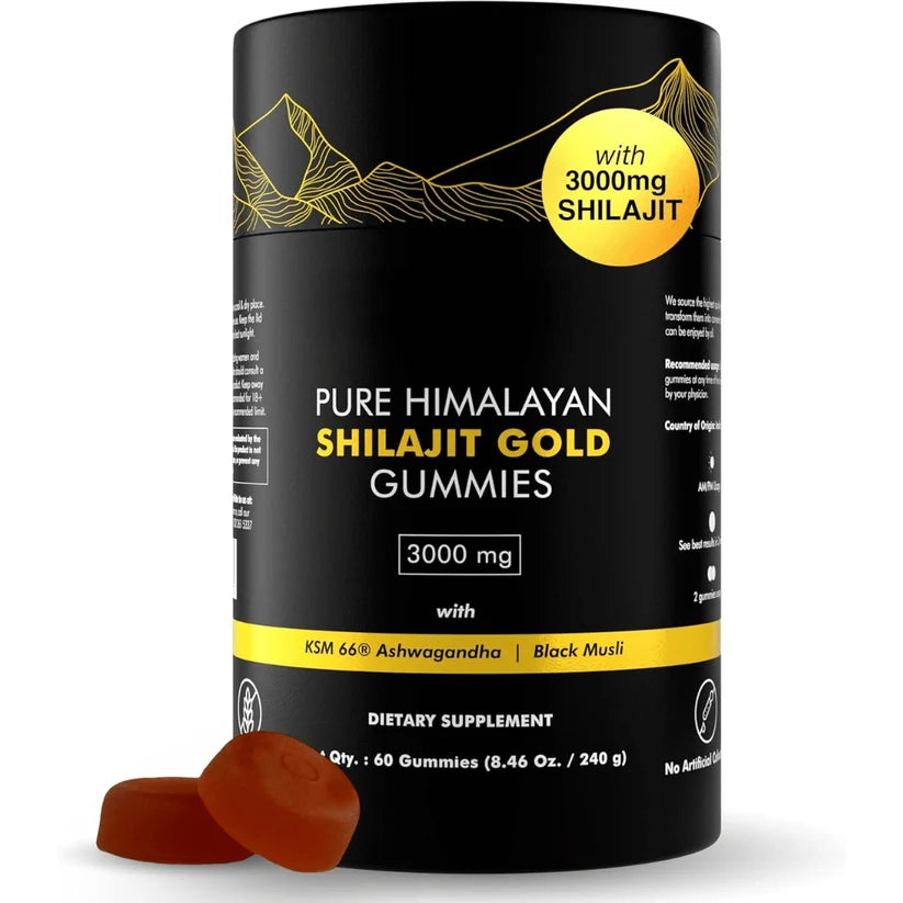 A black cylindrical bottle of Pure Himalayan Shilajit Gold Gummies with a yellow circular badge and two brown gummies placed in front on a white background.
