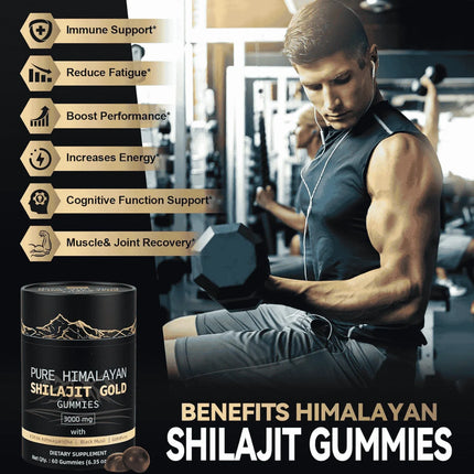 A fitness-themed promotional graphic showing a muscular man lifting a dumbbell in a gym, with text listing benefits of Himalayan Shilajit Gold Gummies. On the lower left is a black cylindrical supplement container with gold and white labeling, and large text reads 'BENEFITS HIMALAYAN SHILAJIT GUMMIES'.