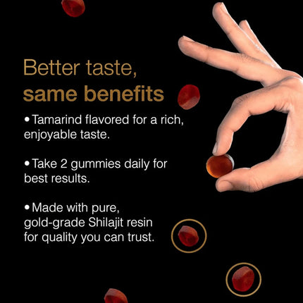 Hand holding a gummy with text about tamarind flavor, benefits, and Shilajit resin quality on a black background.