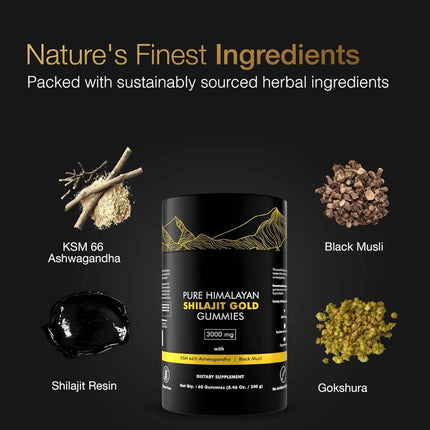 Pure Himalayan Shilajit Gold Gummies packaging with nature's finest ingredients on a dark background