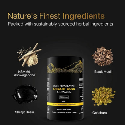 Pure Himalayan Shilajit Gold Gummies packaging with nature's finest ingredients on a dark background