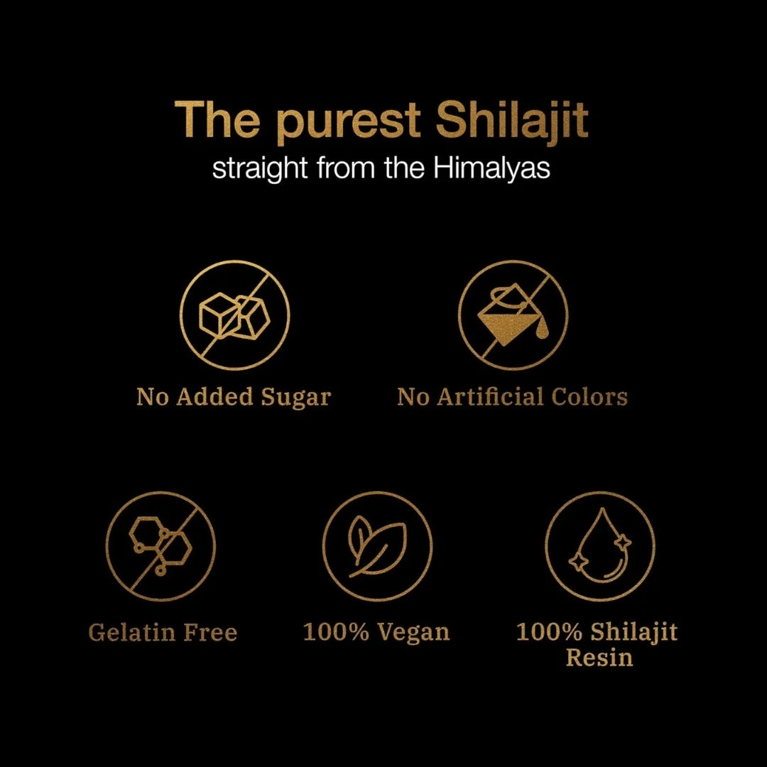 Advertisement for 'The purest Shilajit straight from the Himalayas' with icons and text on a black background.