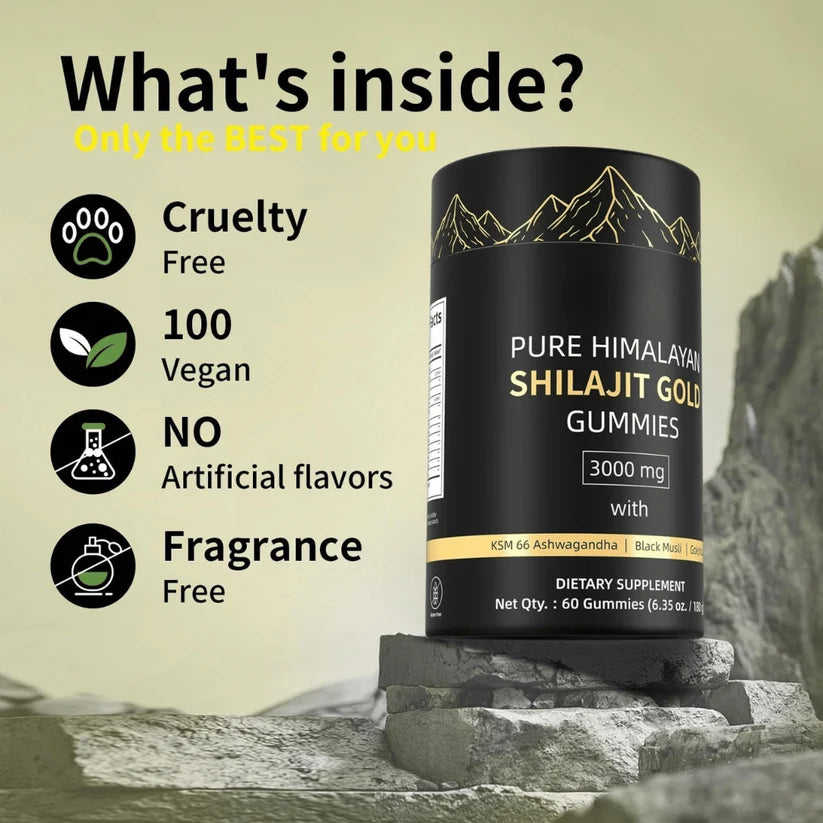 Pure Himalayan Shilajit Gold Gummies container with certification icons and text on a mountainous background