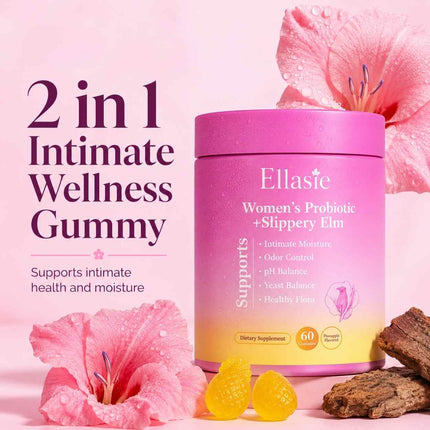 Pineapple flavoured slippery elm feminine moisture gummies with Ellasie bottle and gummies