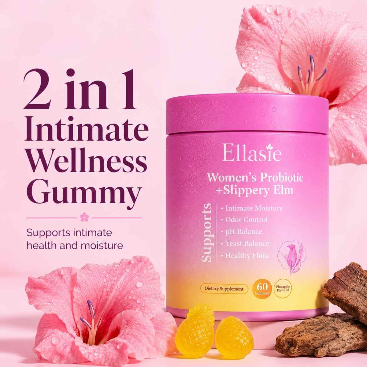 Pineapple flavoured slippery elm feminine moisture gummies with Ellasie bottle and gummies