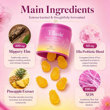 Slippery elm, XOS prebiotic fibre and Lactobacillus cultures in Ellasie feminine moisture gummies
