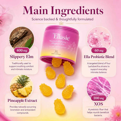 Slippery elm, XOS prebiotic fibre and Lactobacillus cultures in Ellasie feminine moisture gummies