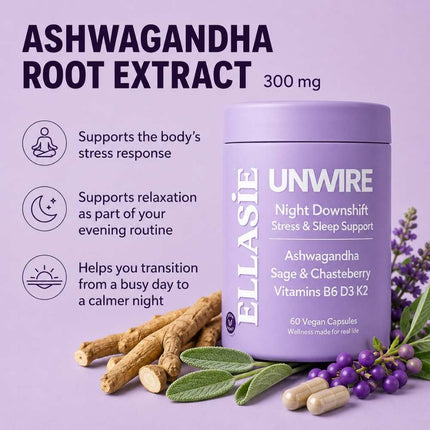 Unwire PM ashwagandha and vitamin B6 formula graphic