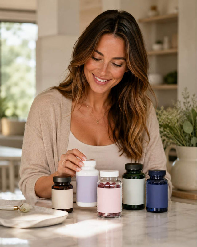 A woman with long brown hair smiles while looking at a row of supplement bottles on a kitchen counter. The bottles include dark amber, lavender, light pink, white, and dark blue, with one bottle open showing capsules.