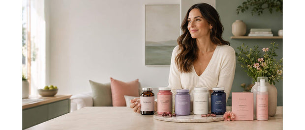 A woman in a white ribbed sweater stands behind a table displaying a collection of botanical skincare and body care products in various pastel and dark blue shades, set in a bright, modern room with soft natural light.
