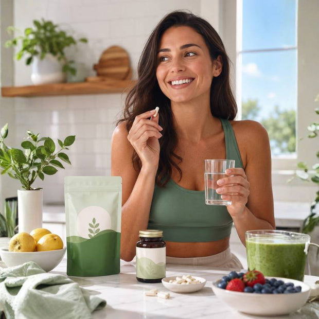 A woman in a green sports bra sits at a kitchen table holding a glass of water and a white pill, with a green supplement pouch, a small jar, and bowls of fruit and a green drink in front of her.